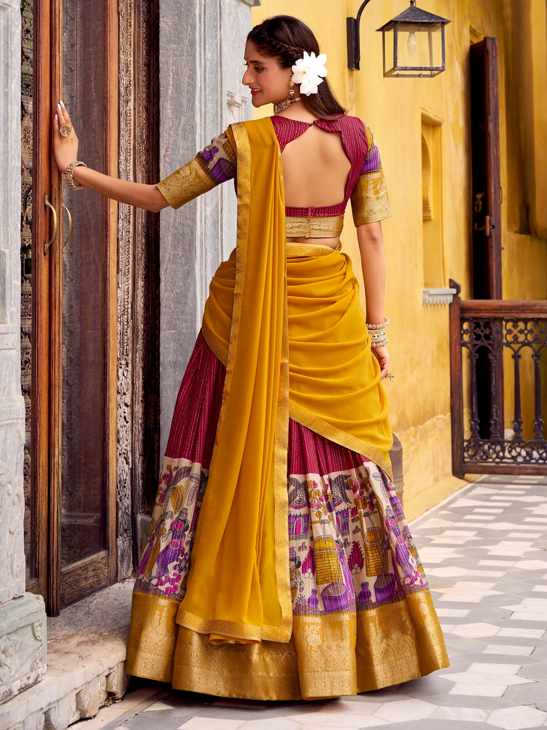 Royal Red Kalamkari Print Chanderi Silk Half Saree Lehenga With Dupatta