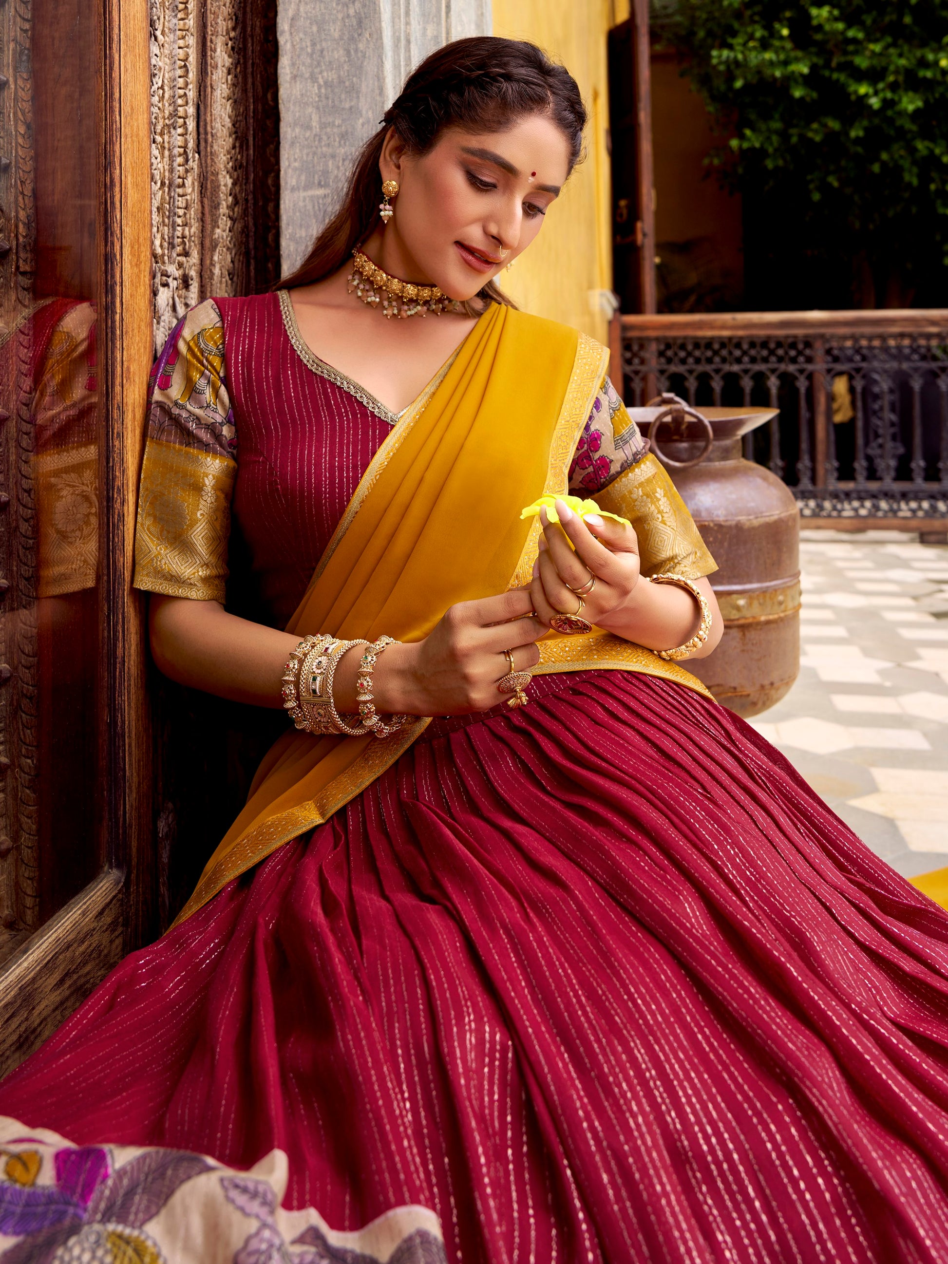 Royal Red Kalamkari Print Chanderi Silk Half Saree Lehenga With Dupatta