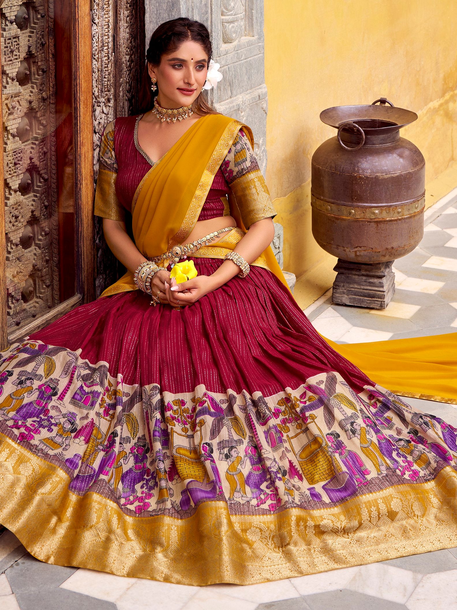 Royal Red Kalamkari Print Chanderi Silk Half Saree Lehenga With Dupatta