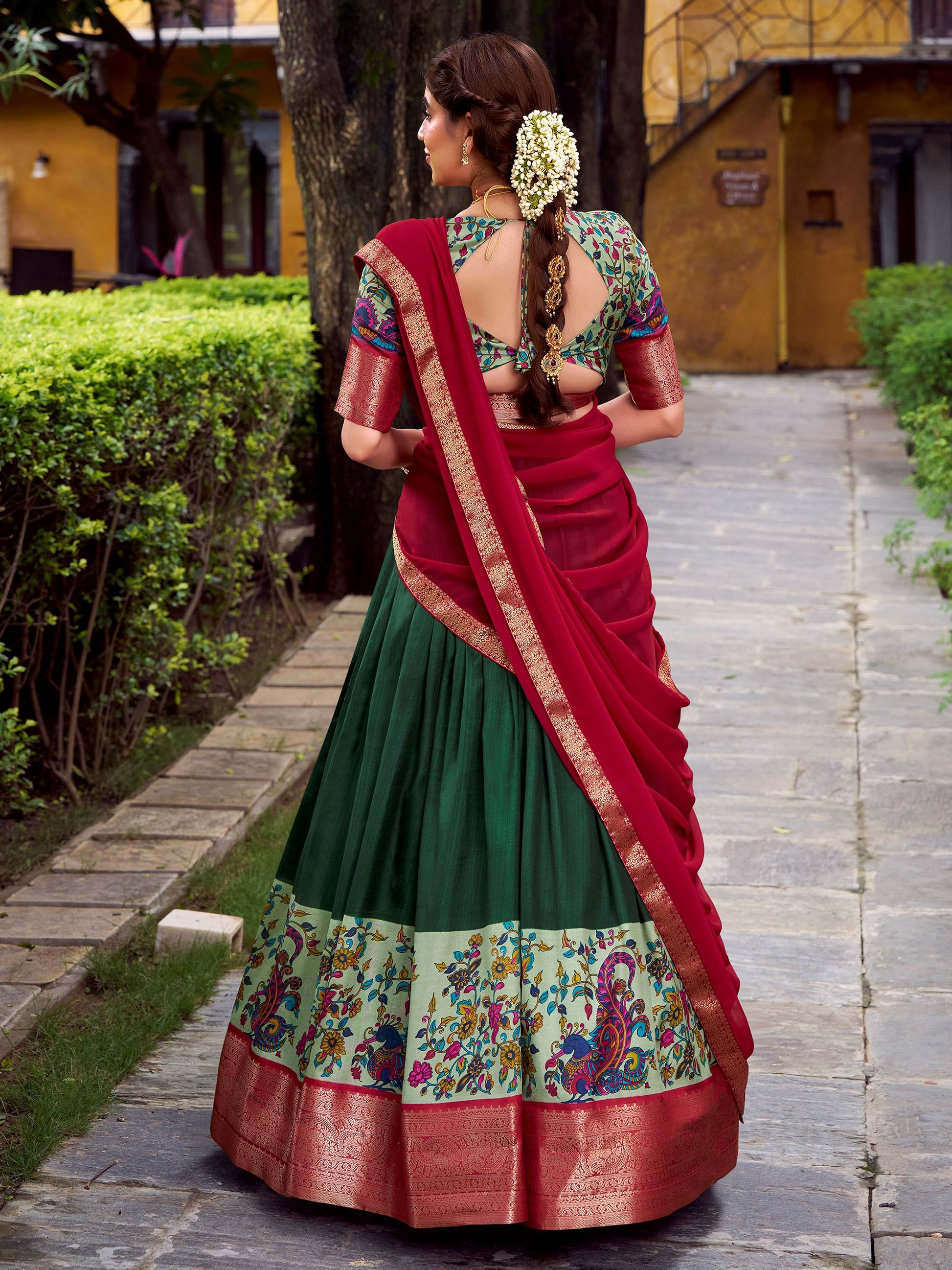 Awesome Green Zari Weaving Silk Traditional Half Saree Lehenga