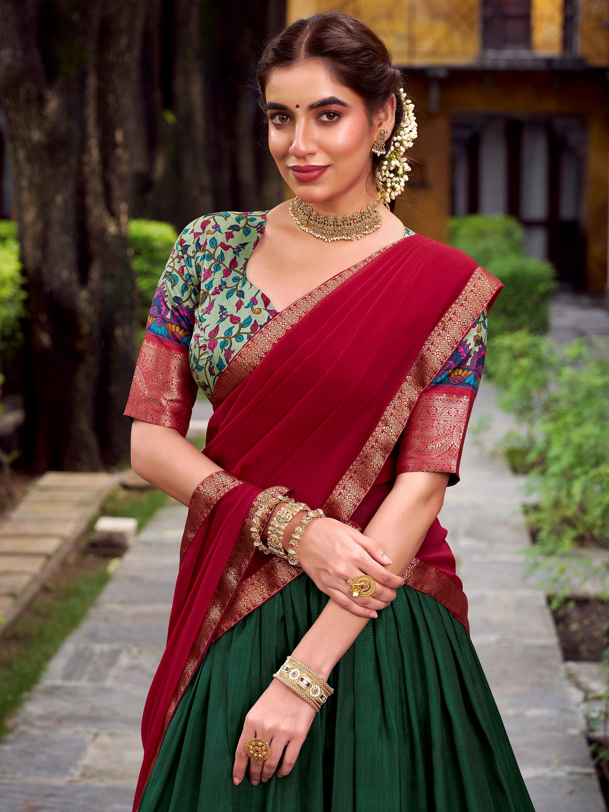 Awesome Green Zari Weaving Silk Traditional Half Saree Lehenga