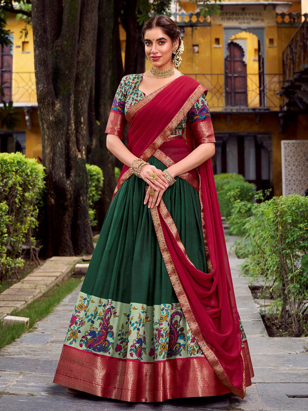 Awesome Green Zari Weaving Silk Traditional Half Saree Lehenga