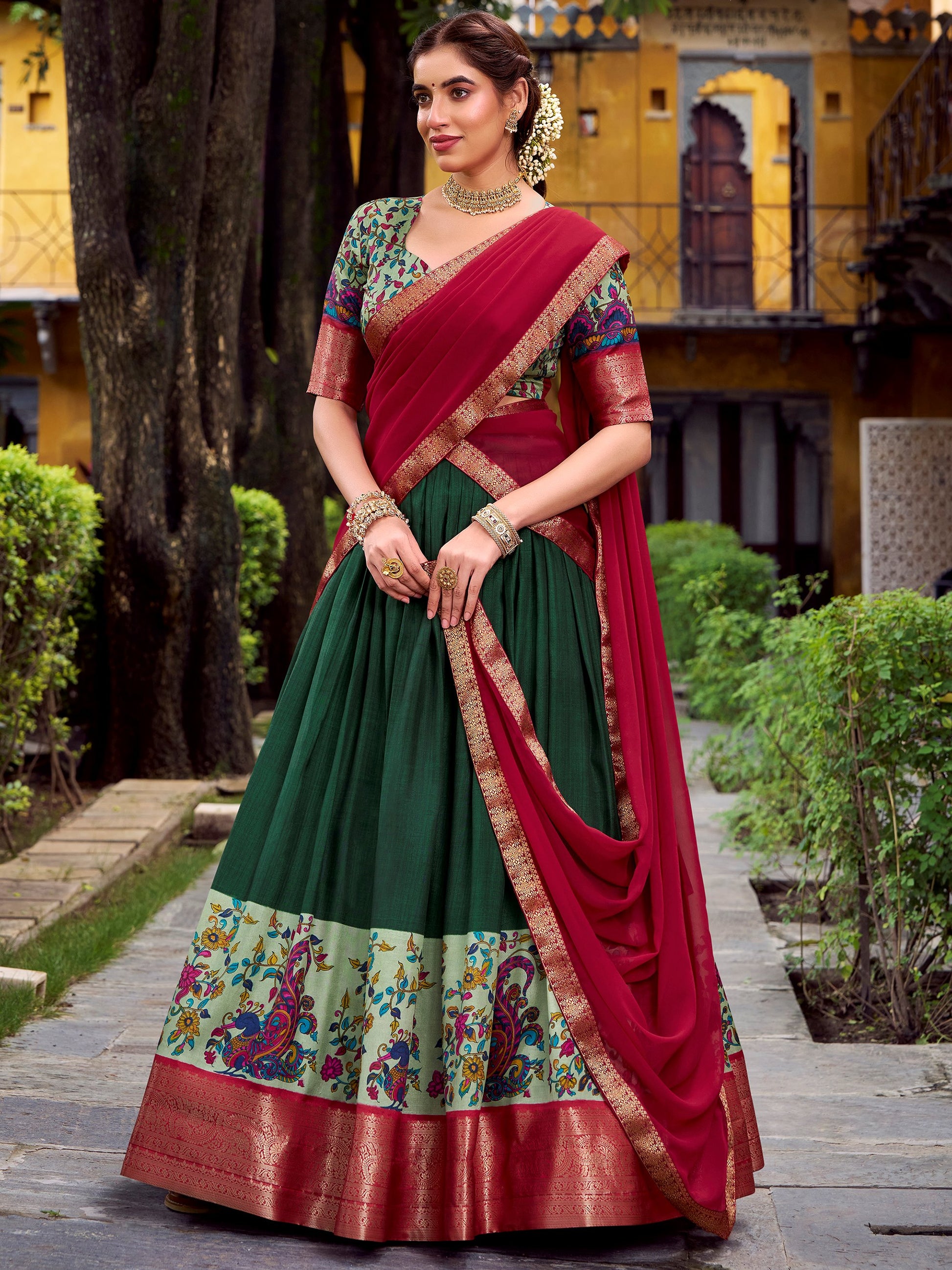 Awesome Green Zari Weaving Silk Traditional Half Saree Lehenga