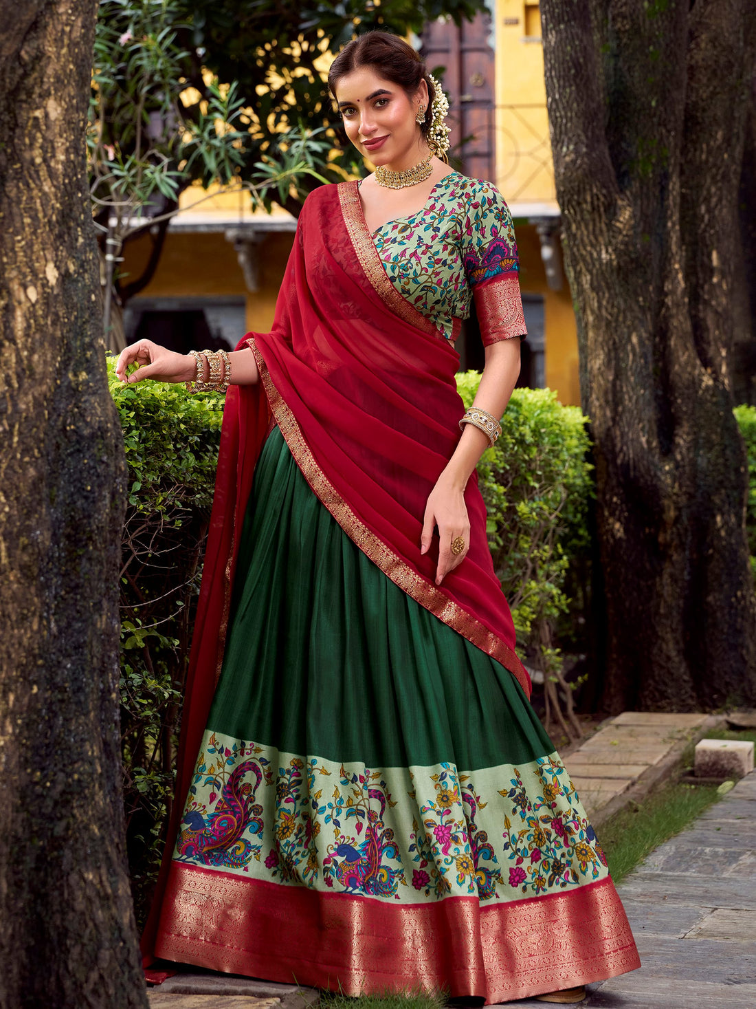 Awesome Green Zari Weaving Silk Traditional Half Saree Lehenga