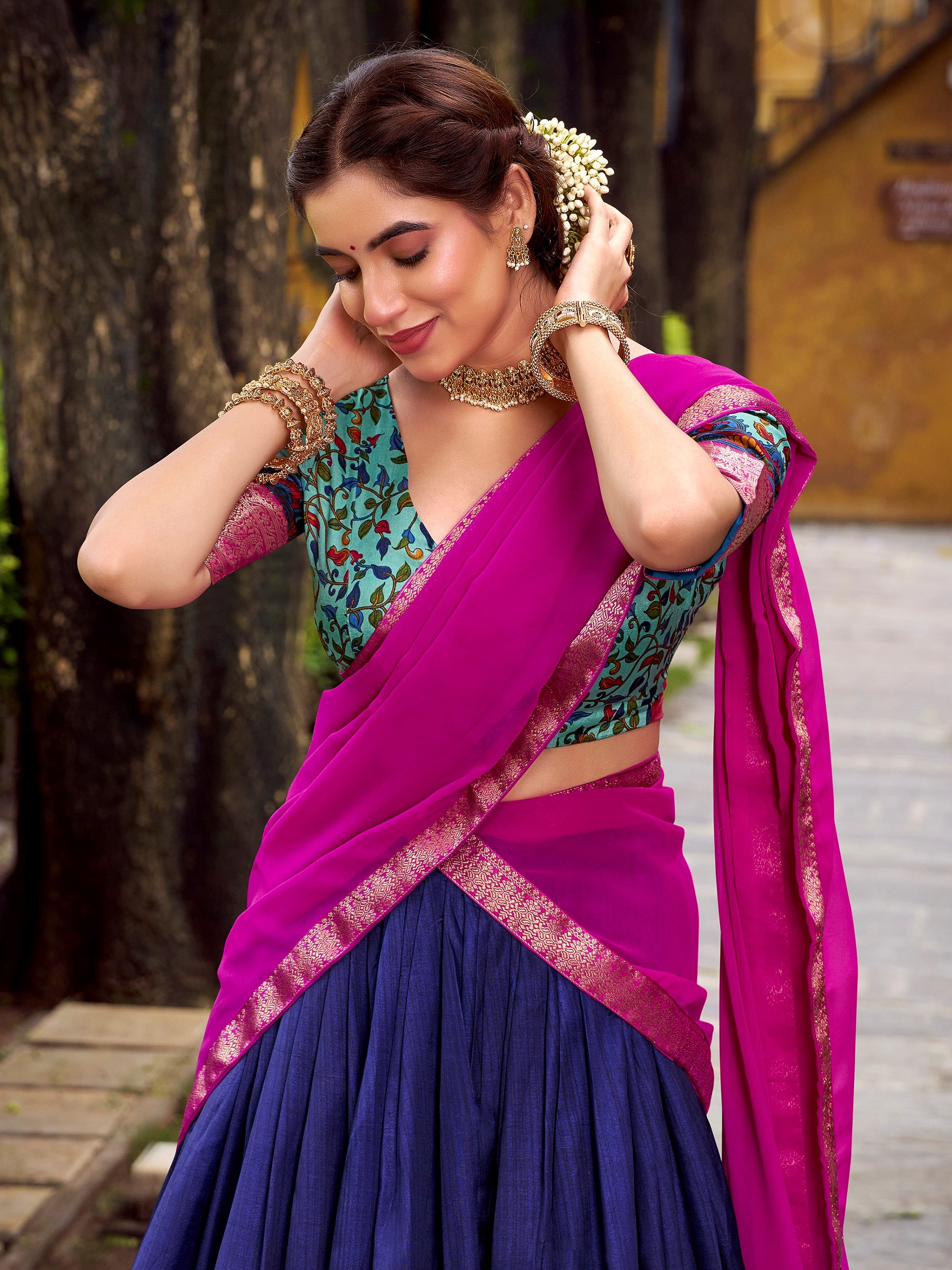 Classic Navy Blue Weaving Work Silk Wedding Wear Half Saree Lehenga