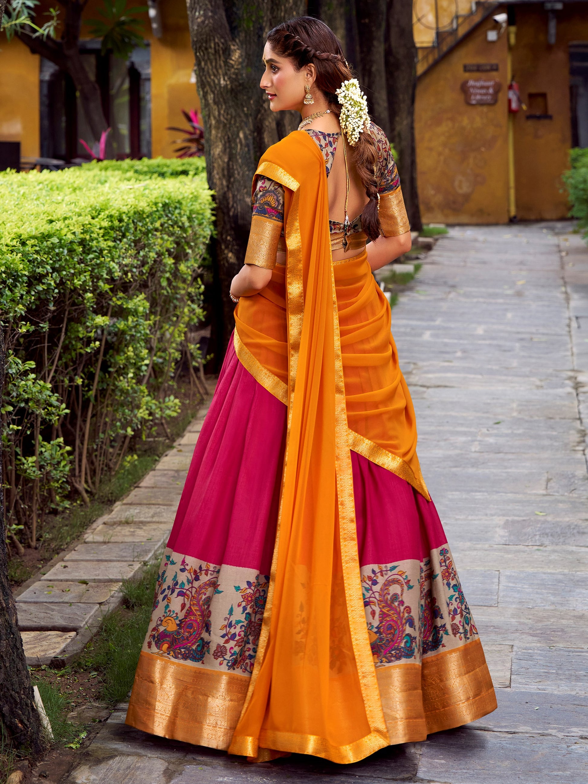 Mesmerizing Pink Zari Weaving Work Silk Event Wear Half Saree Lehenga