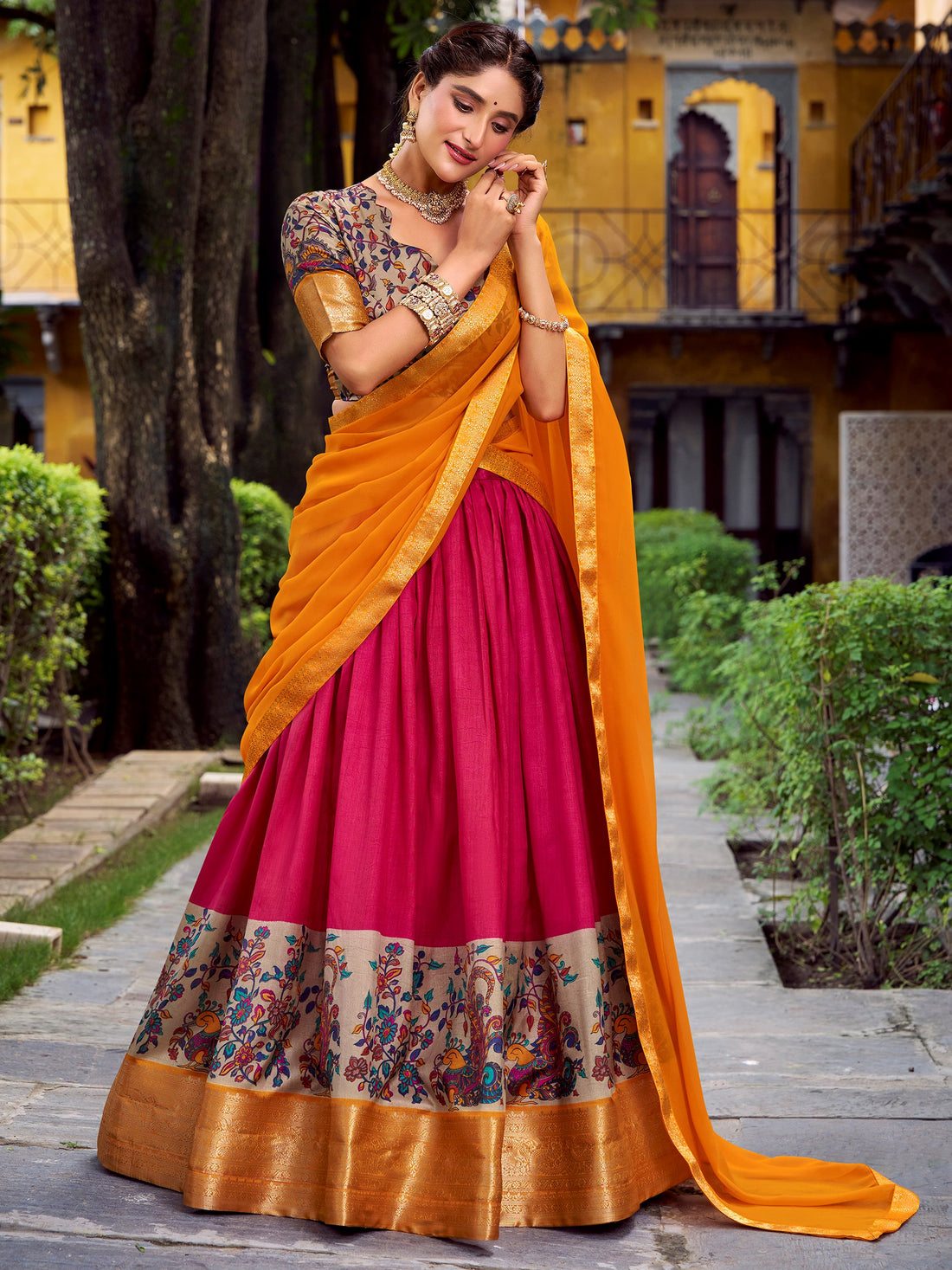 Mesmerizing Pink Zari Weaving Work Silk Event Wear Half Saree Lehenga