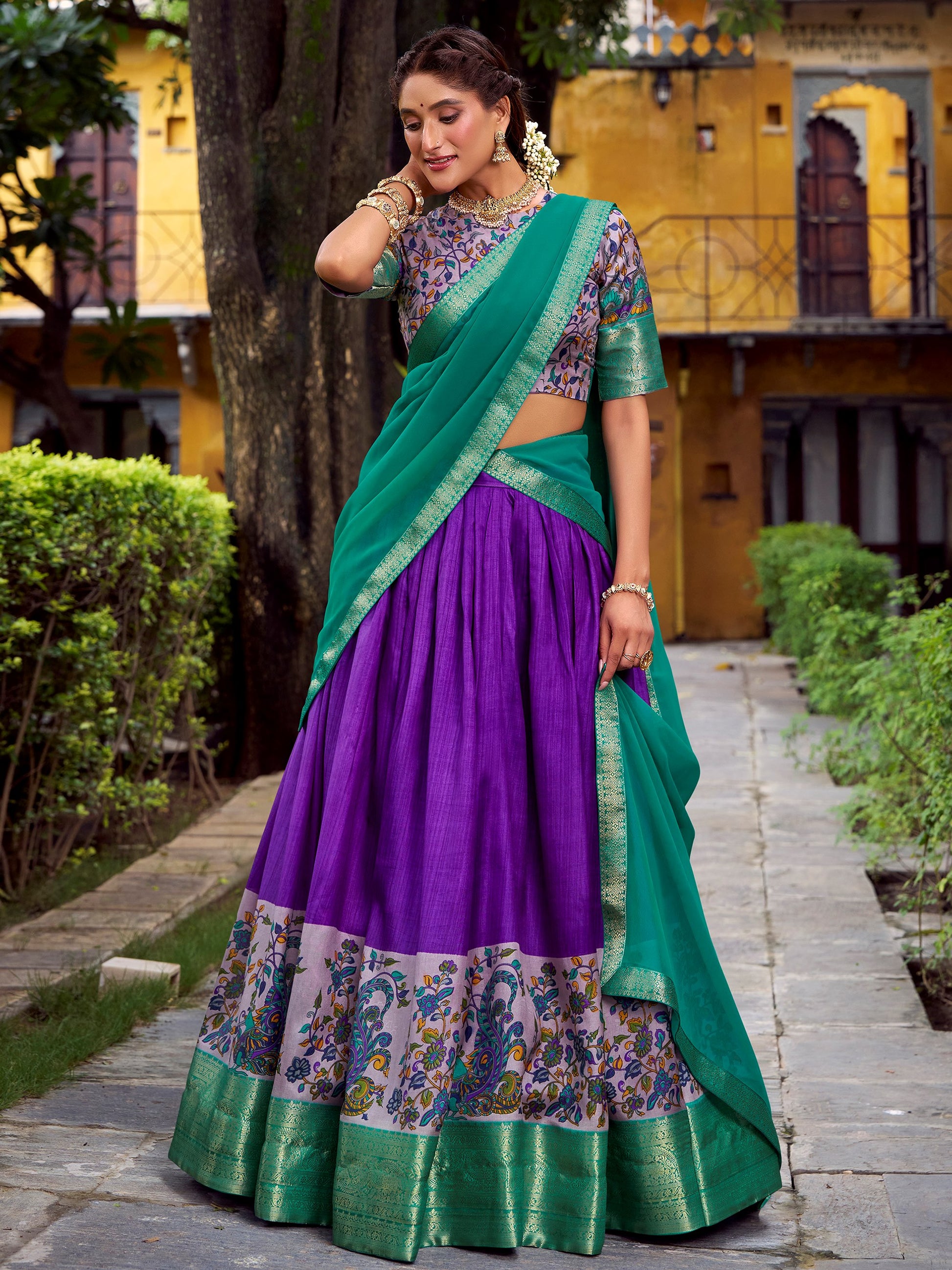 Charming Purple Weaving Work Silk Marraige Wear Half Saree Lehenga