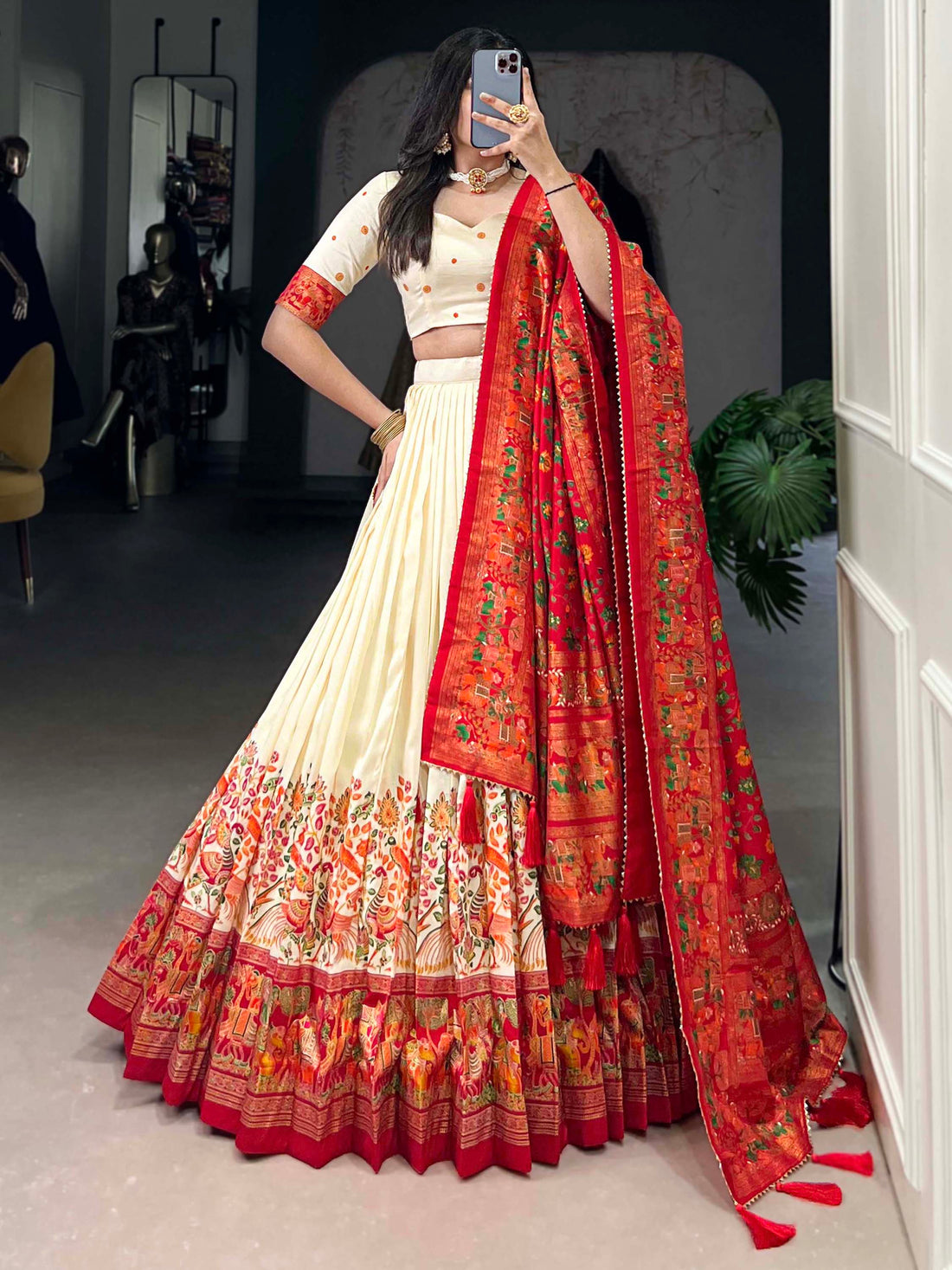Lovely Off-White Digital Printed Tussar Silk Festival Wear Lehenga Choli