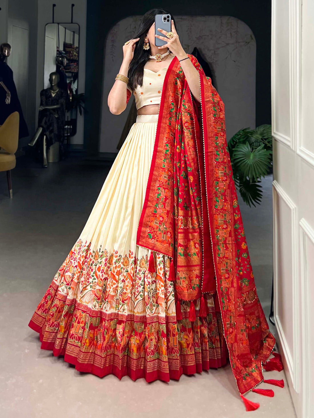 Lovely Off-White Digital Printed Tussar Silk Festival Wear Lehenga Choli