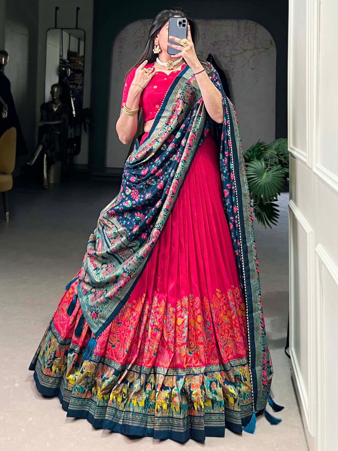 Pretty Pink Foil Work Tussar Silk Lehenga Choli With Navy Blue Dupatta