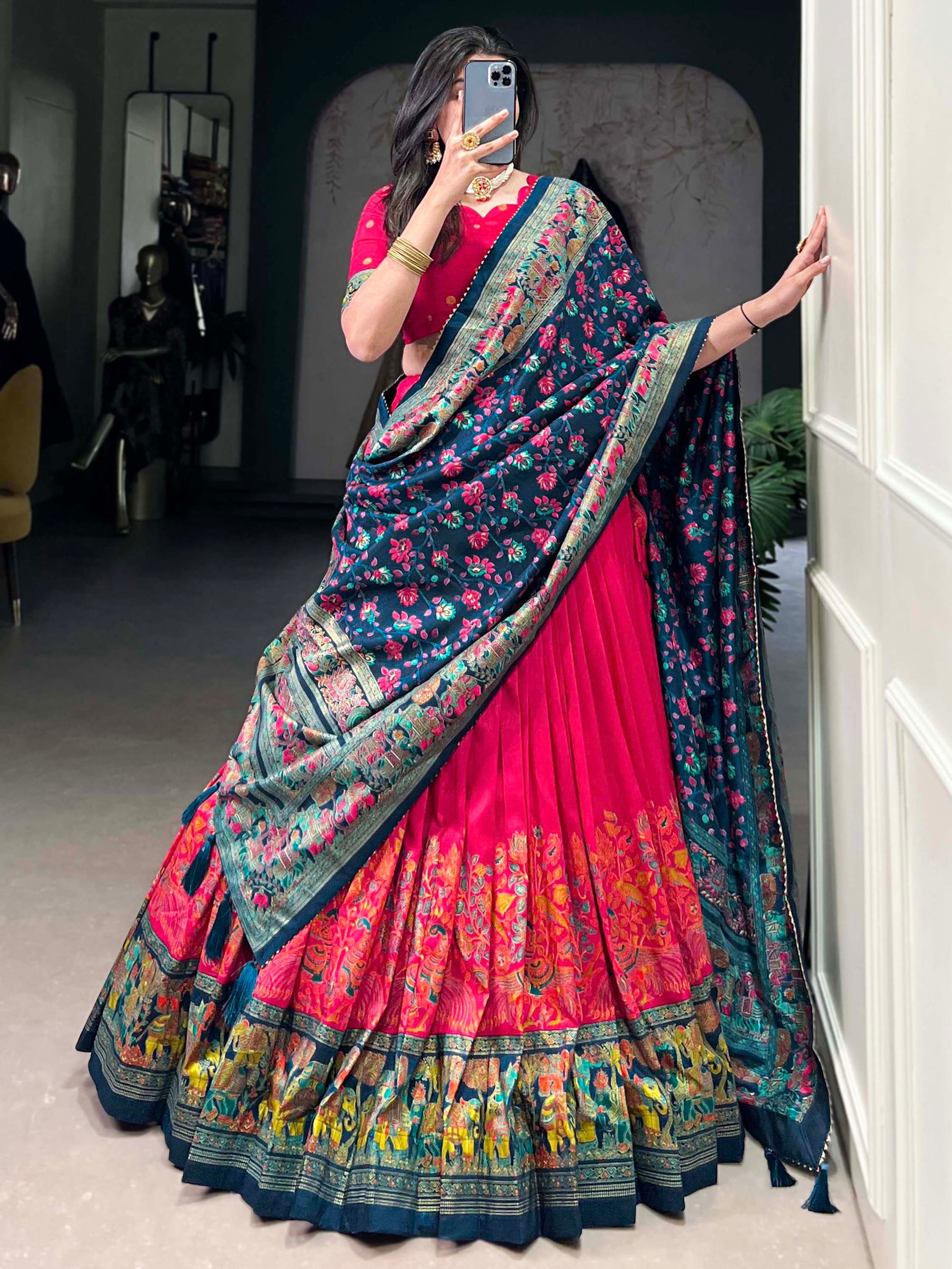 Pretty Pink Foil Work Tussar Silk Lehenga Choli With Navy Blue Dupatta