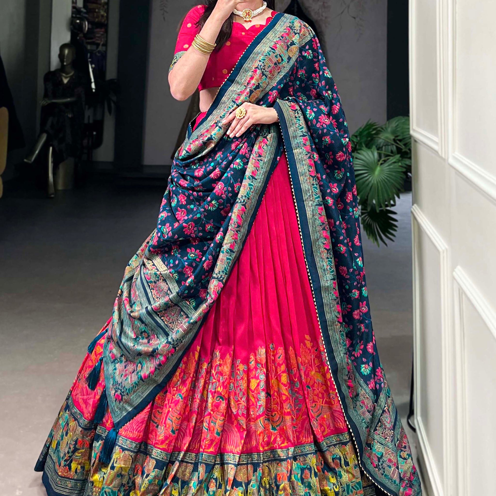 Pretty Pink Foil Work Tussar Silk Lehenga Choli With Navy Blue Dupatta