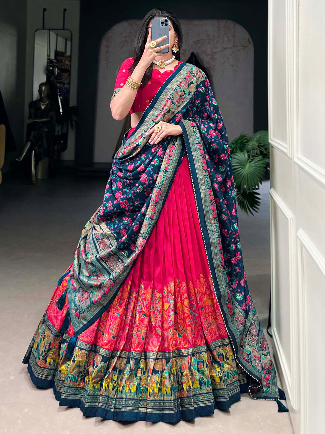 Pretty Pink Foil Work Tussar Silk Lehenga Choli With Navy Blue Dupatta