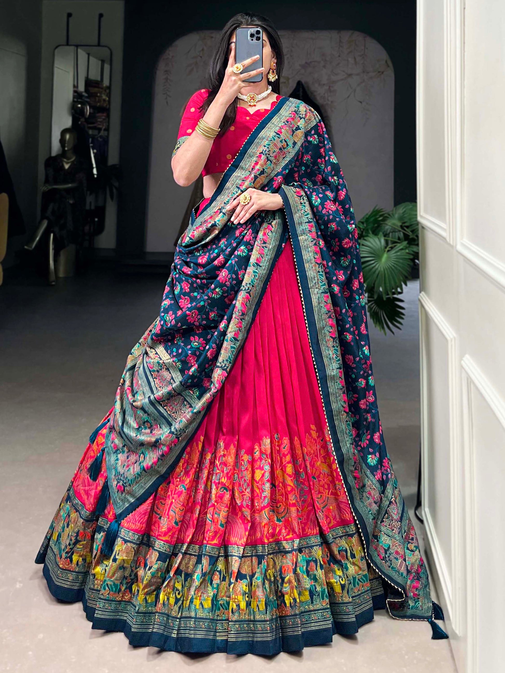 Pretty Pink Foil Work Tussar Silk Lehenga Choli With Navy Blue Dupatta