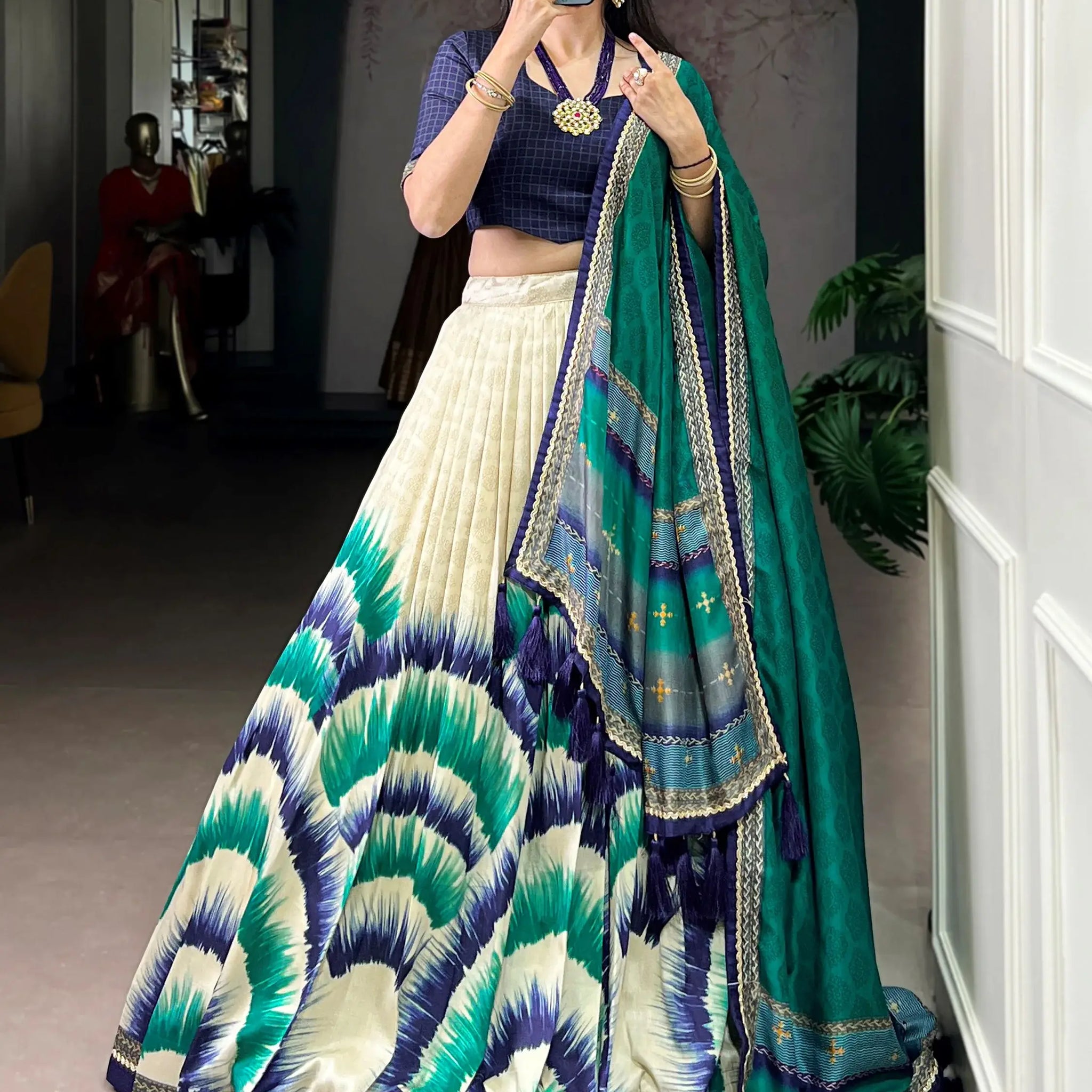 Lovely Navy Blue Printed Tussar Silk Traditional Lehenga Choli With Dupatta