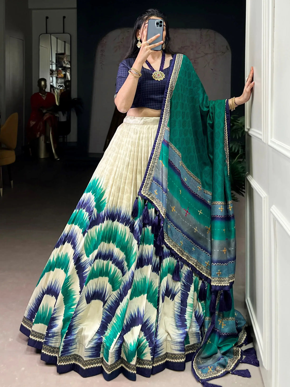 Lovely Navy Blue Printed Tussar Silk Traditional Lehenga Choli With Dupatta