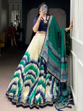 Lovely Navy Blue Printed Tussar Silk Traditional Lehenga Choli With Dupatta