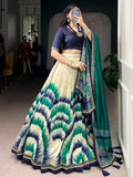 Lovely Navy Blue Printed Tussar Silk Traditional Lehenga Choli With Dupatta