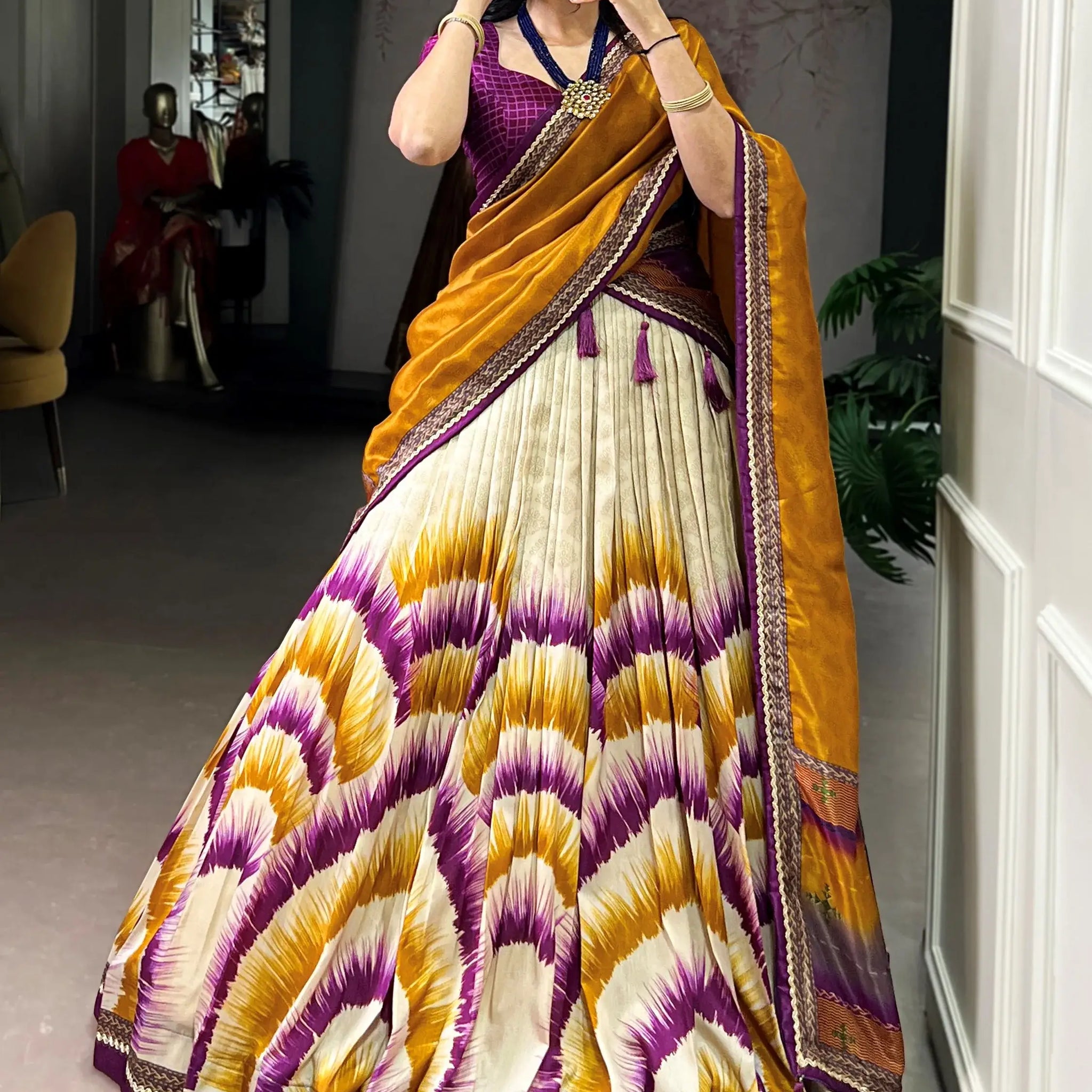 Notable Wine Digital Printed Tussar Silk Festive Wear Lehenga With Blouse