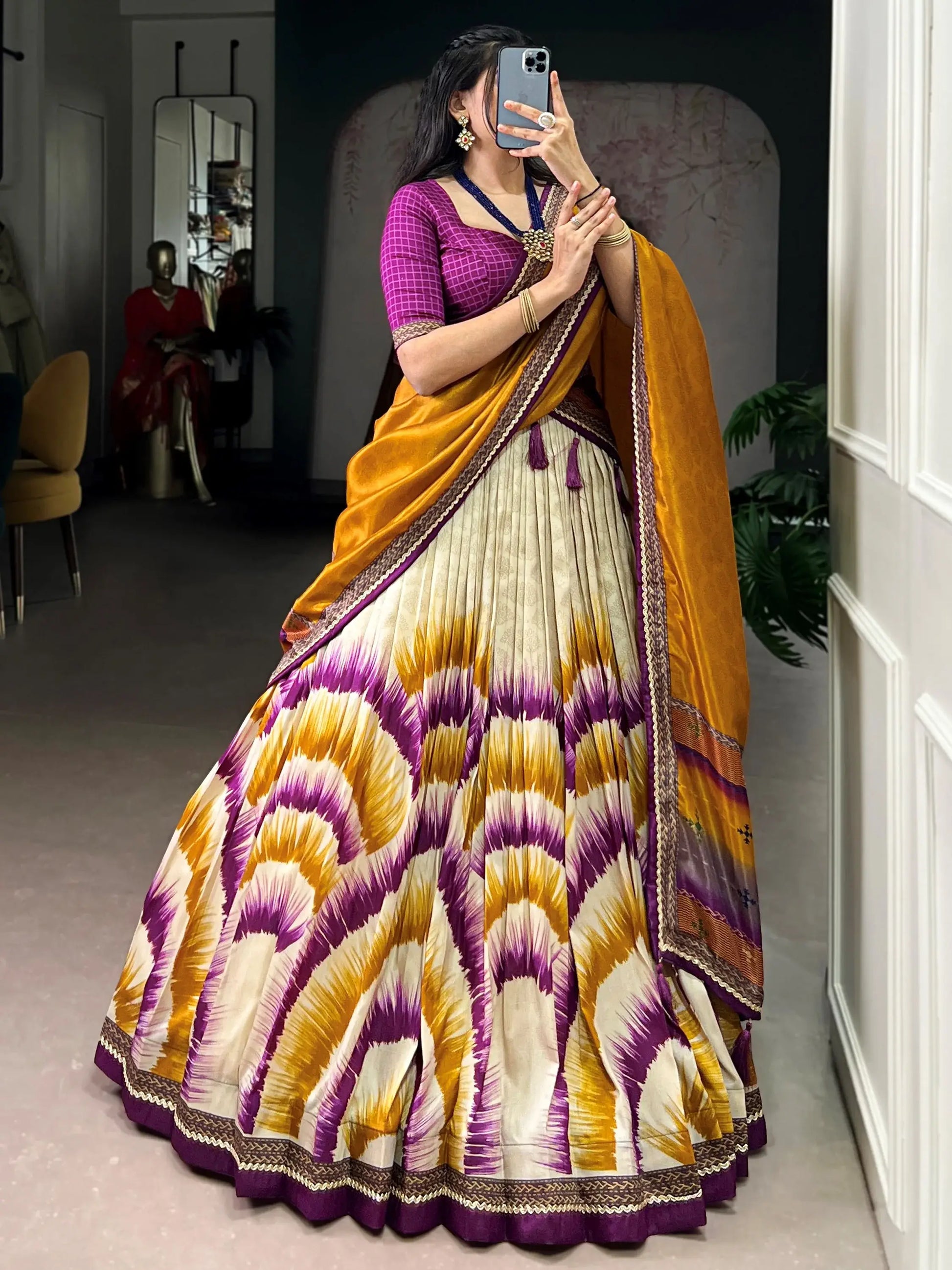 Notable Wine Digital Printed Tussar Silk Festive Wear Lehenga With Blouse