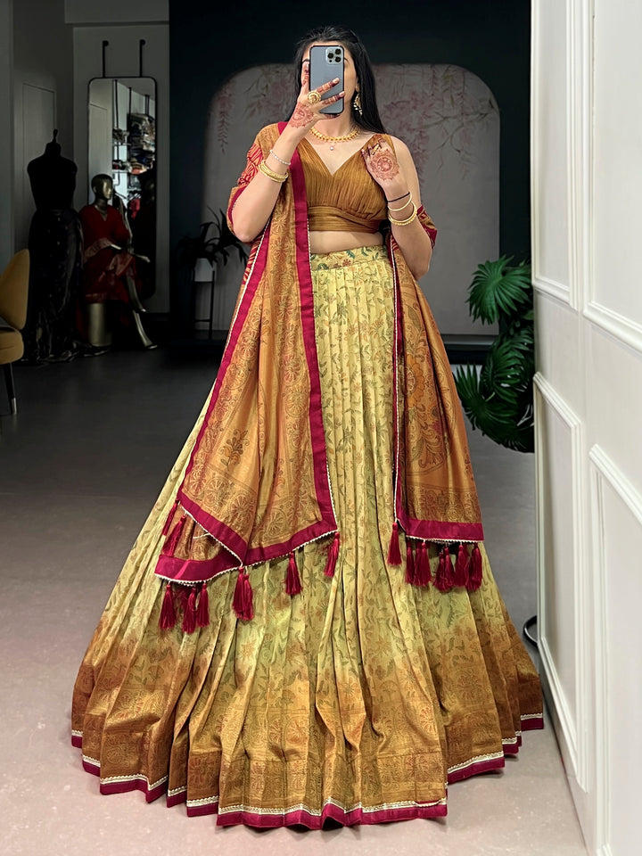 Designer Yellow Floral Printed Silk Festival Wear Lehenga Choli
