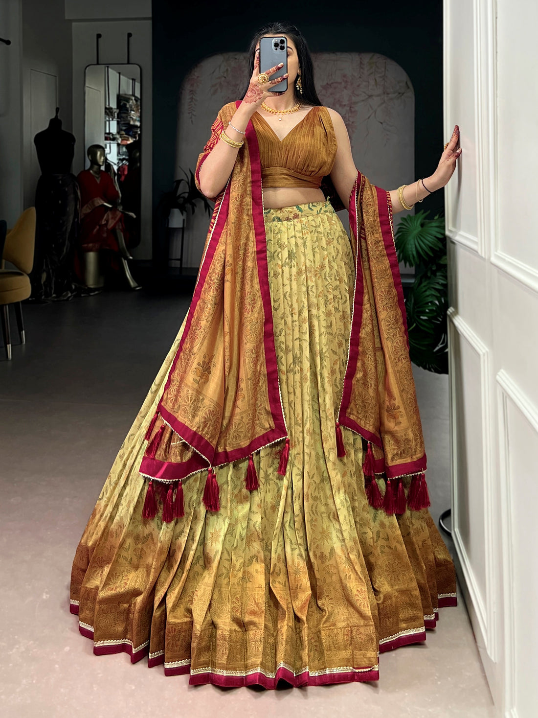 Designer Yellow Floral Printed Silk Festival Wear Lehenga Choli
