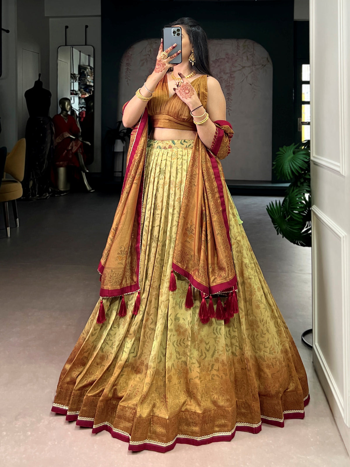 Designer Yellow Floral Printed Silk Festival Wear Lehenga Choli