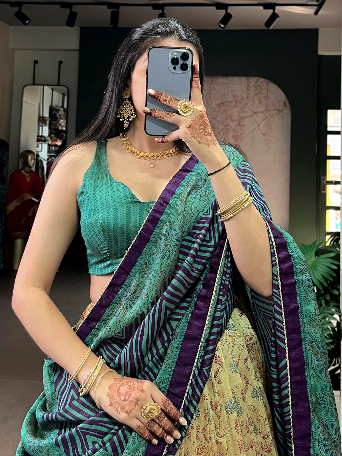 Lovable Teal Green Printed Silk Mehndi Wear Lehenga Choli