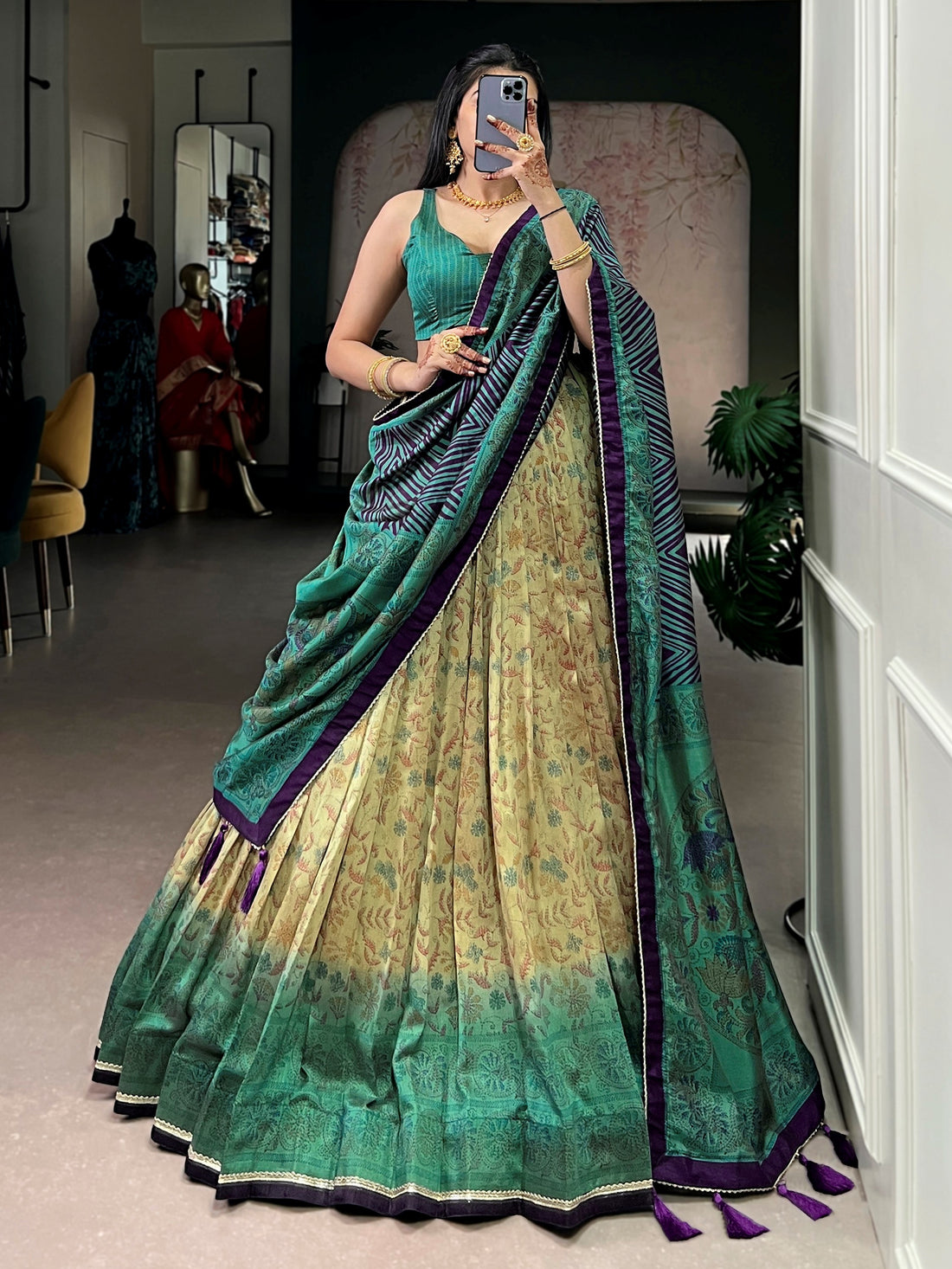Lovable Teal Green Printed Silk Mehndi Wear Lehenga Choli