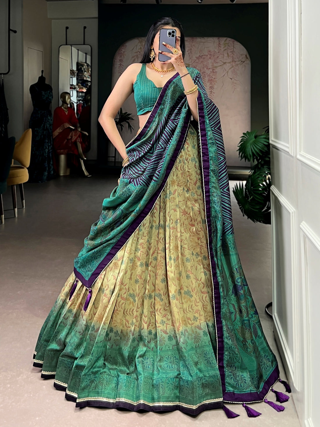 Lovable Teal Green Printed Silk Mehndi Wear Lehenga Choli