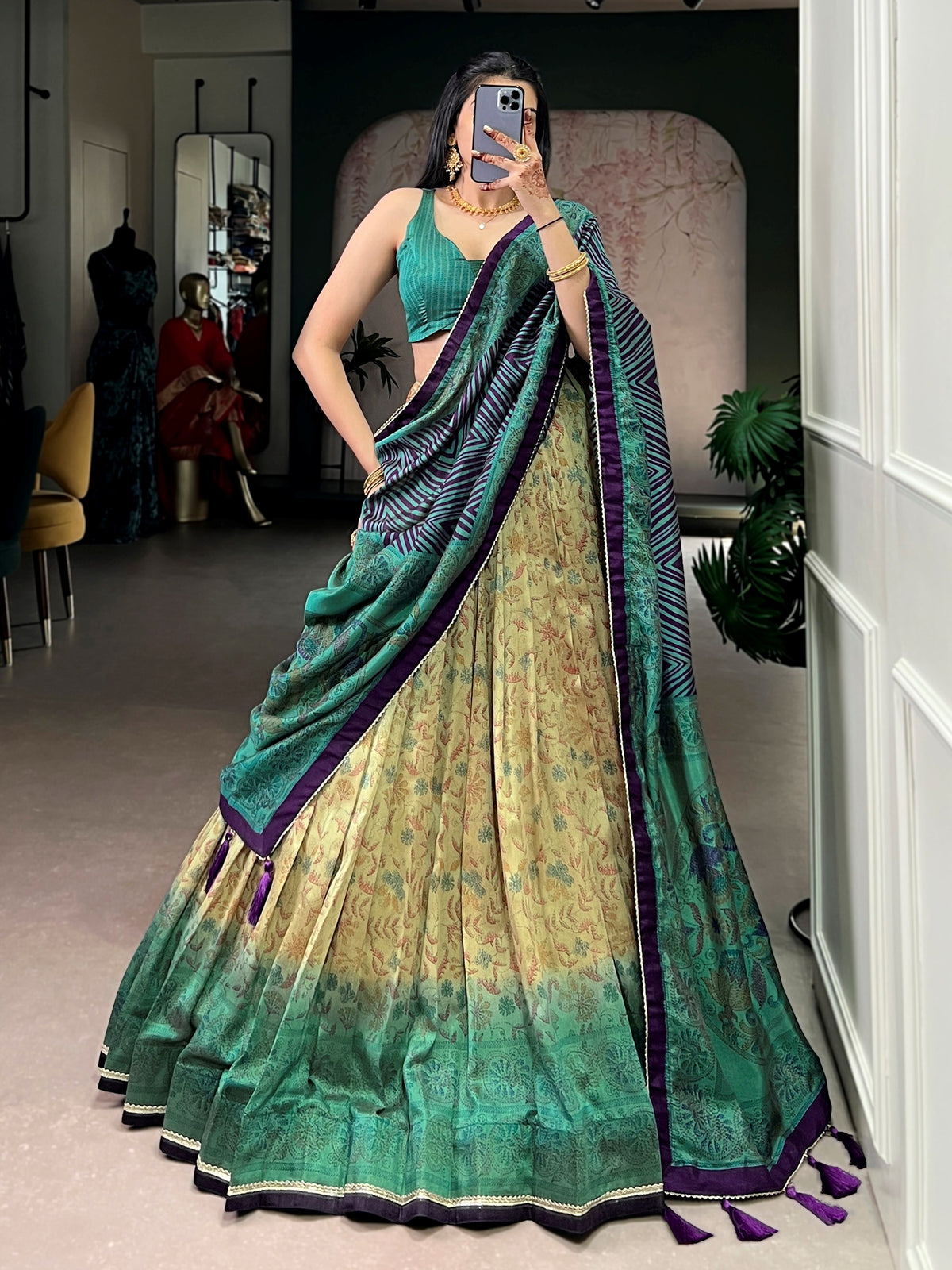 Lovable Teal Green Printed Silk Mehndi Wear Lehenga Choli
