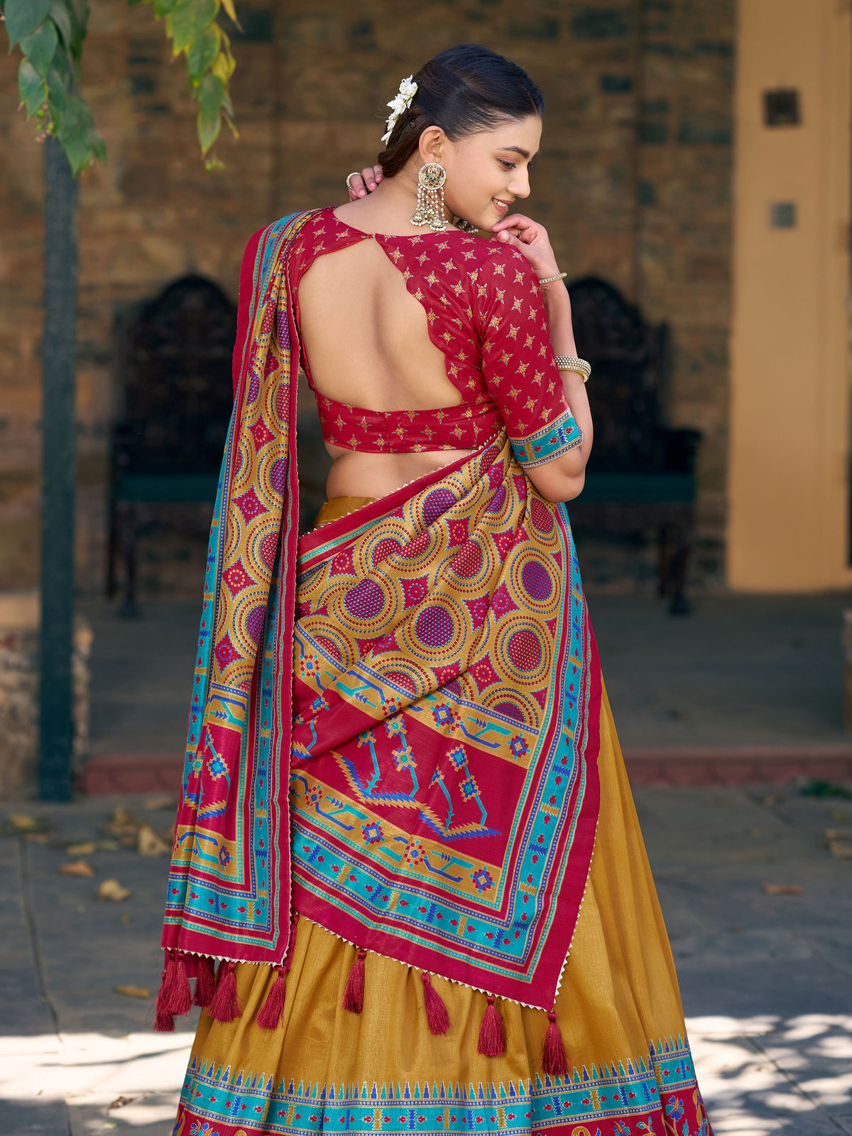 Alluring Mustard Yellow Printed Silk Haldi Wear Lehenga Choli