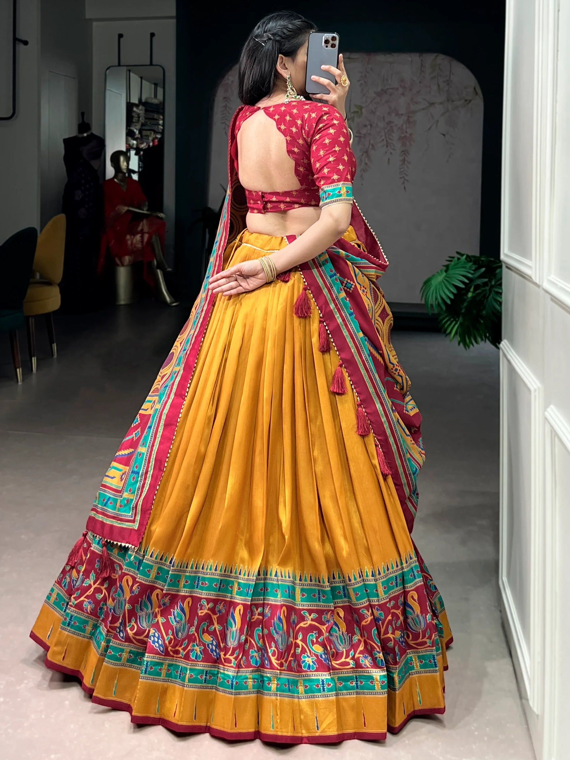 Spectacular Mustard Yellow Printed Silk Lehenga Choli With Dupatta