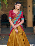 Alluring Mustard Yellow Printed Silk Haldi Wear Lehenga Choli