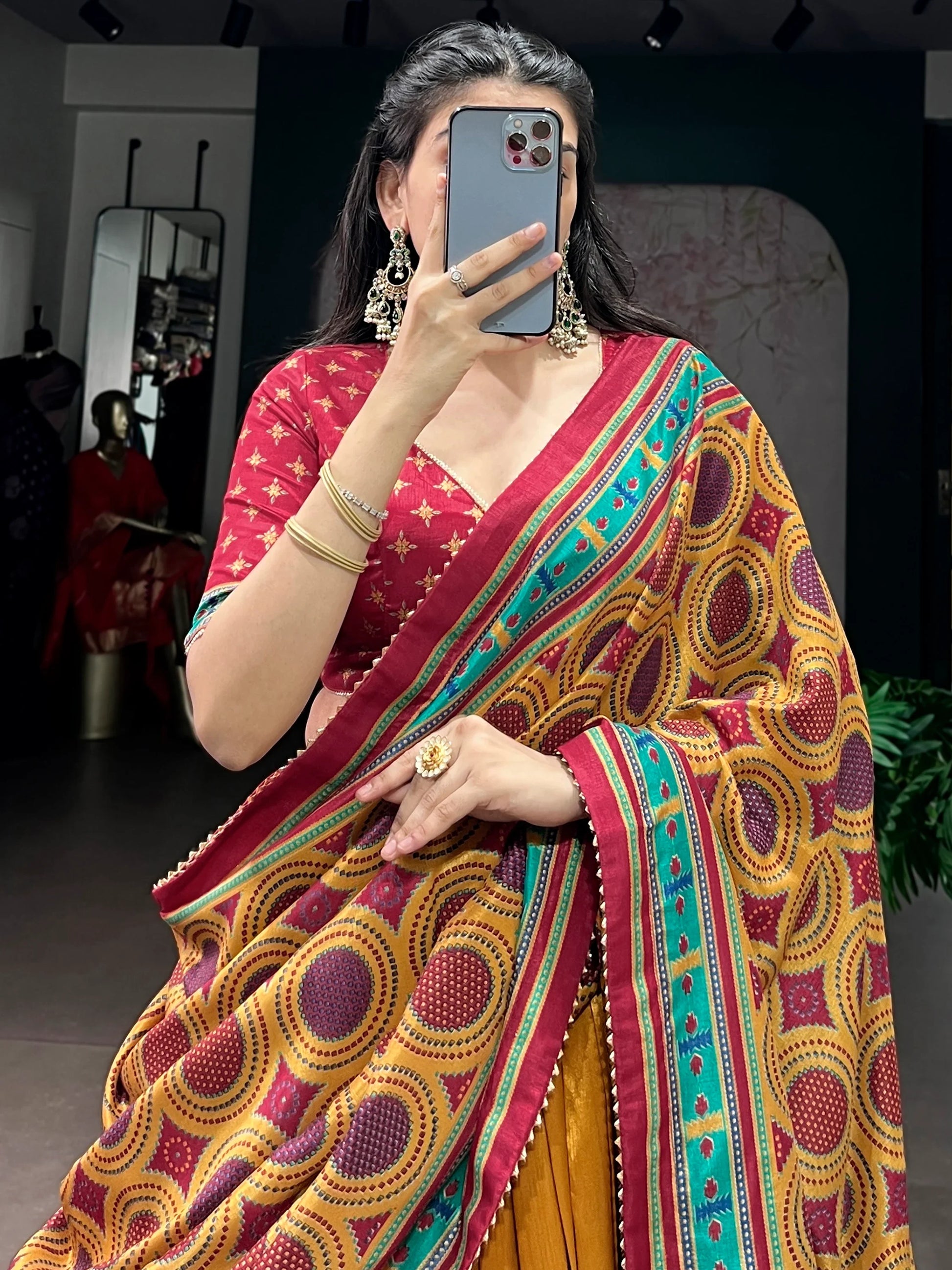 Spectacular Mustard Yellow Printed Silk Lehenga Choli With Dupatta