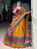 Spectacular Mustard Yellow Printed Silk Lehenga Choli With Dupatta