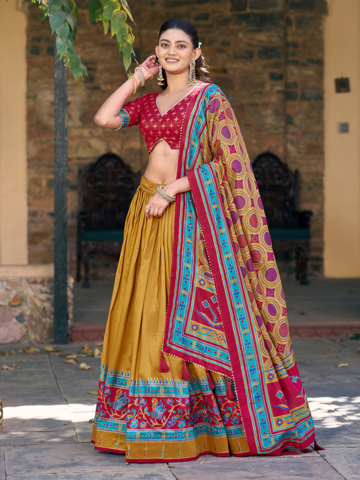 Alluring Mustard Yellow Printed Silk Haldi Wear Lehenga Choli