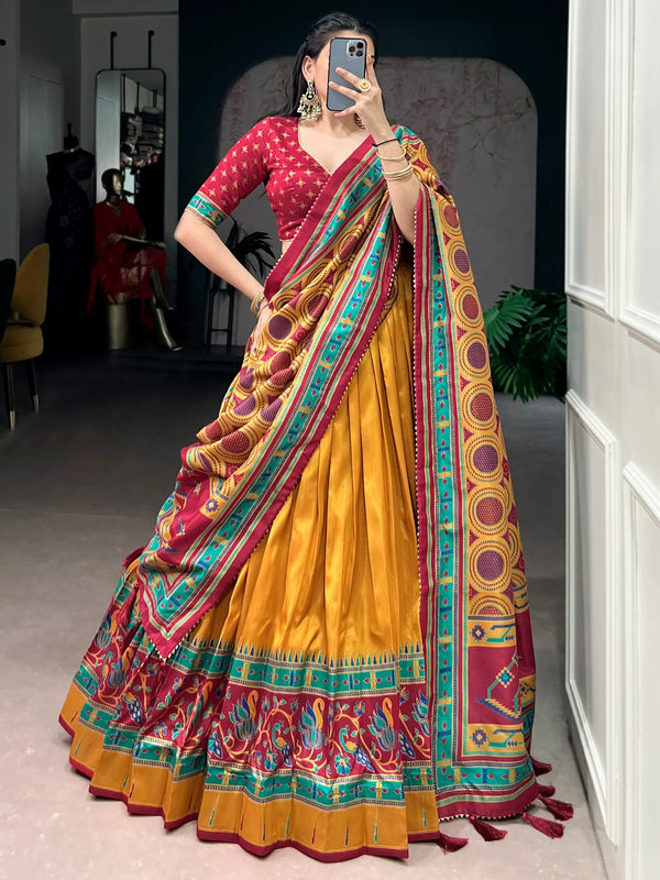 Spectacular Mustard Yellow Printed Silk Lehenga Choli With Dupatta
