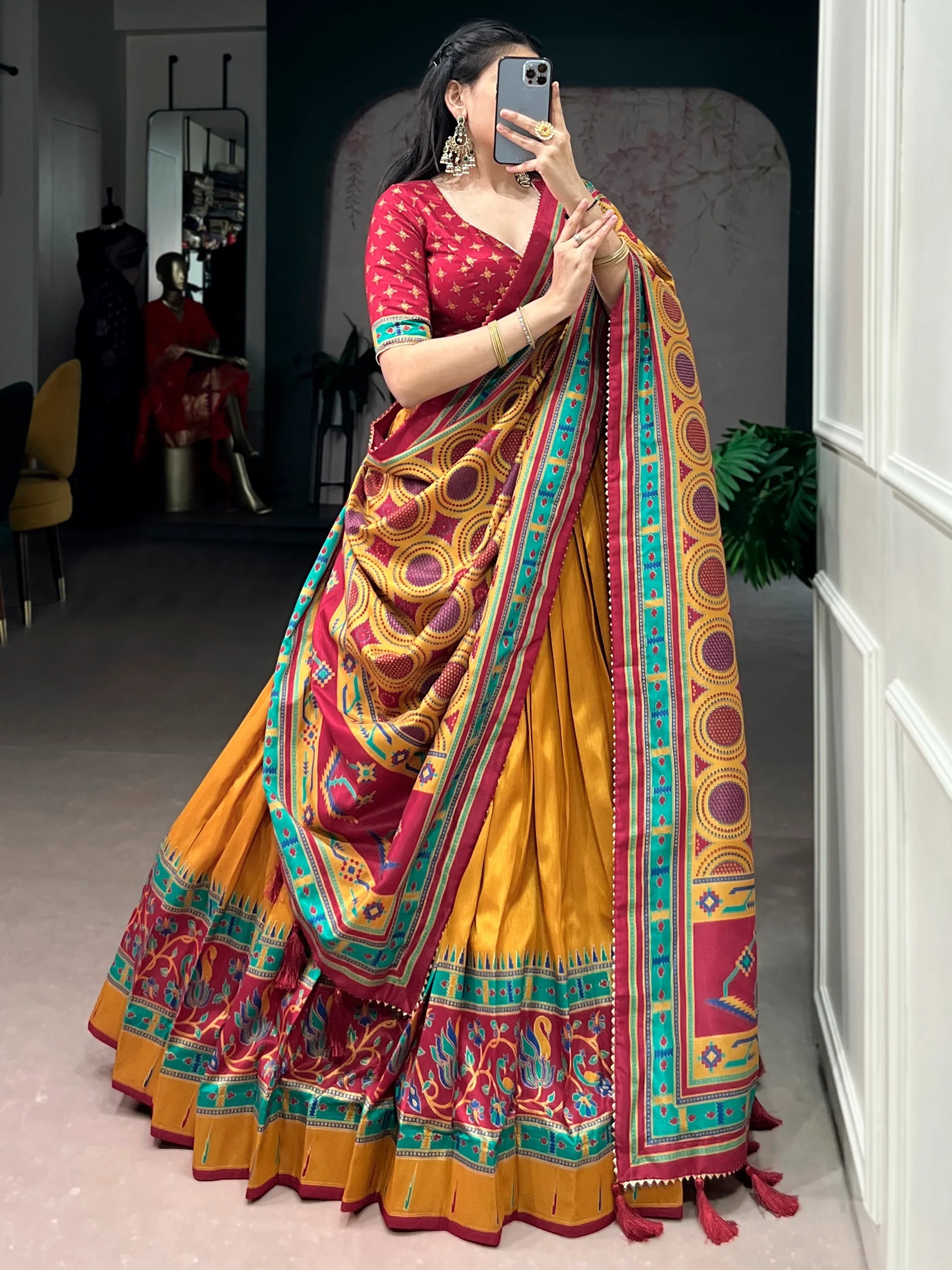 Spectacular Mustard Yellow Printed Silk Lehenga Choli With Dupatta