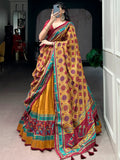 Spectacular Mustard Yellow Printed Silk Lehenga Choli With Dupatta