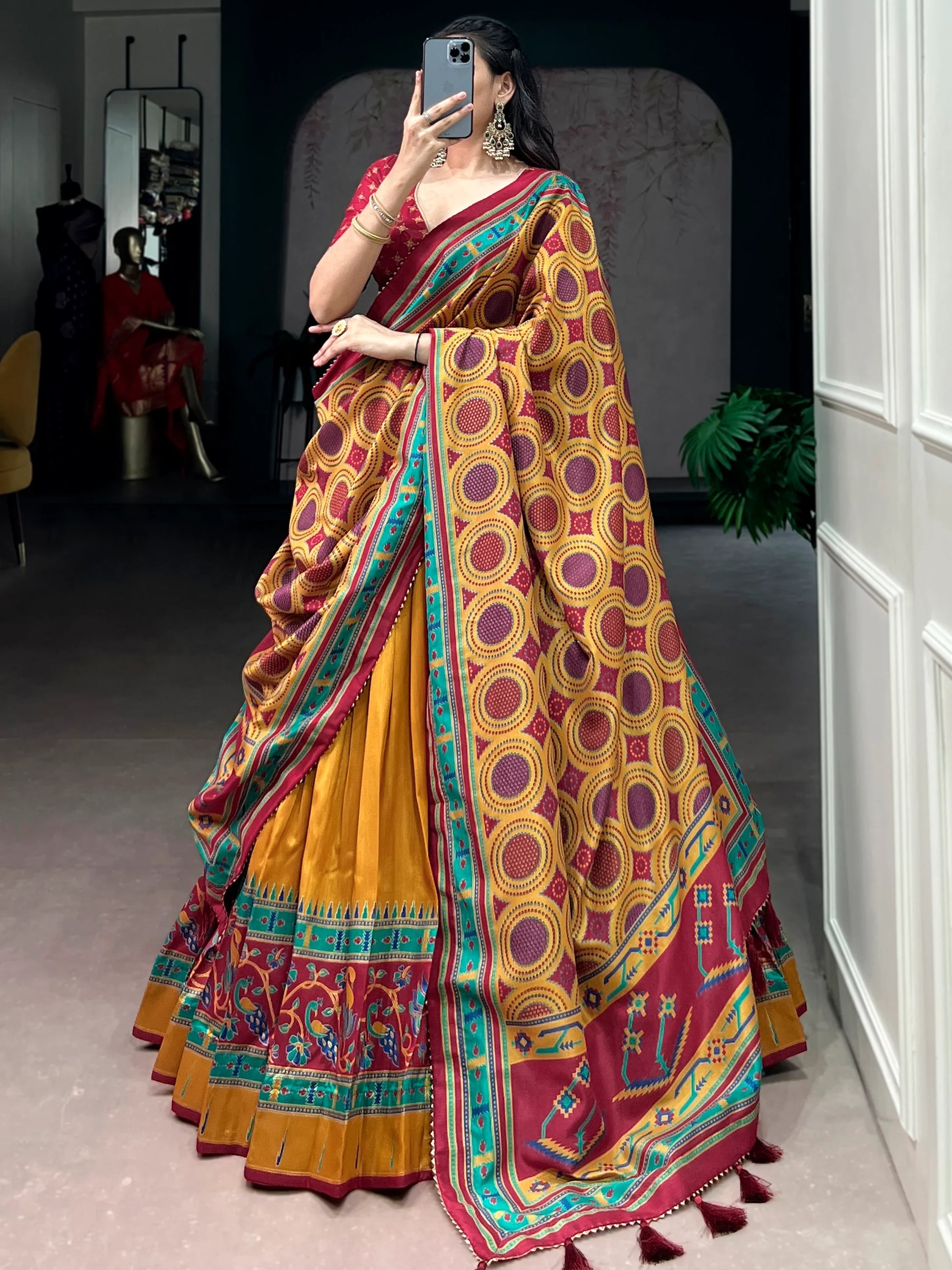 Spectacular Mustard Yellow Printed Silk Lehenga Choli With Dupatta