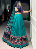 Incredible Teal Green Printed Tussar Silk Traditional Lehenga Choli
