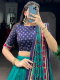 Incredible Teal Green Printed Tussar Silk Traditional Lehenga Choli