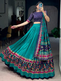 Incredible Teal Green Printed Tussar Silk Traditional Lehenga Choli