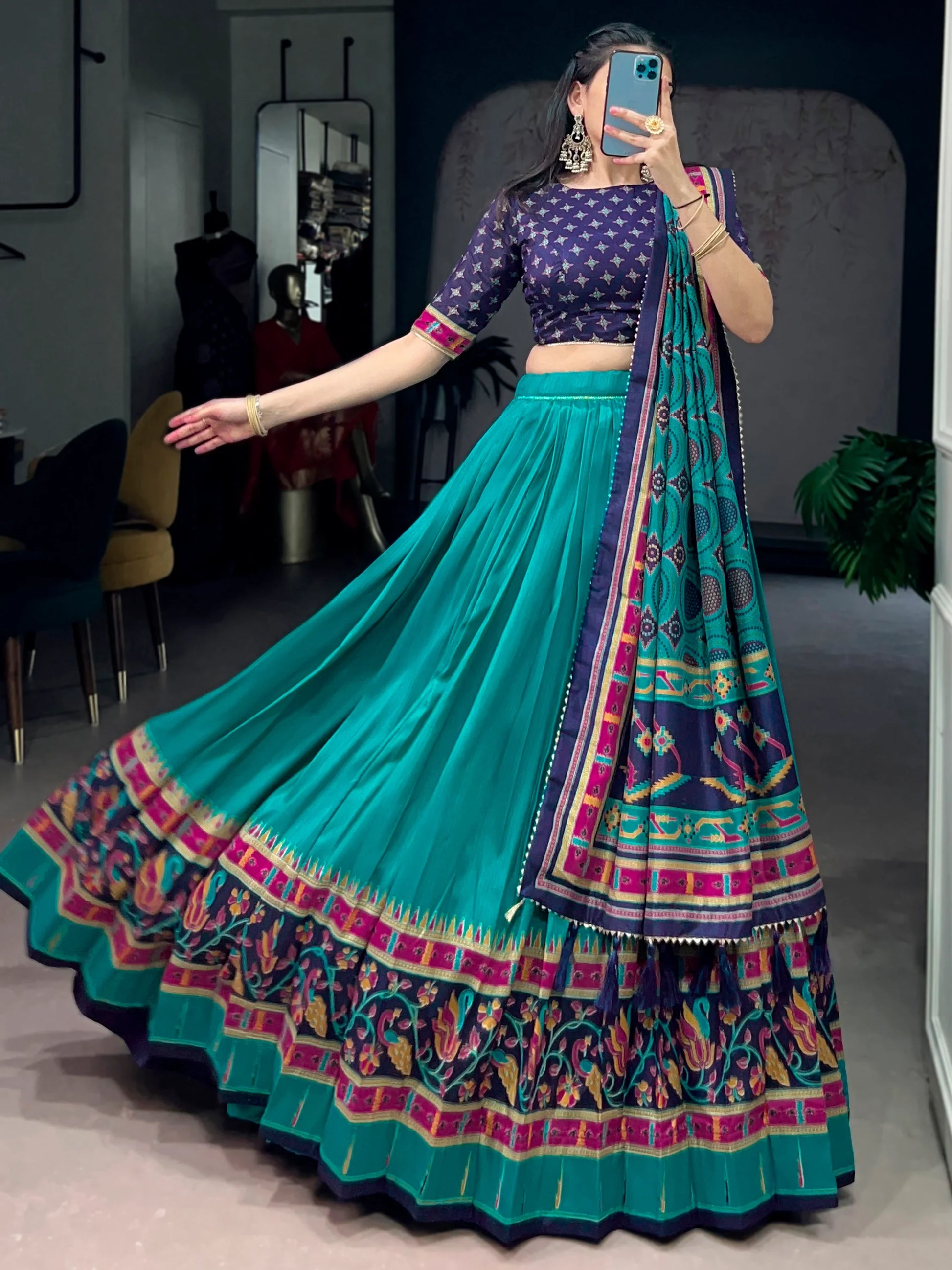 Incredible Teal Green Printed Tussar Silk Traditional Lehenga Choli