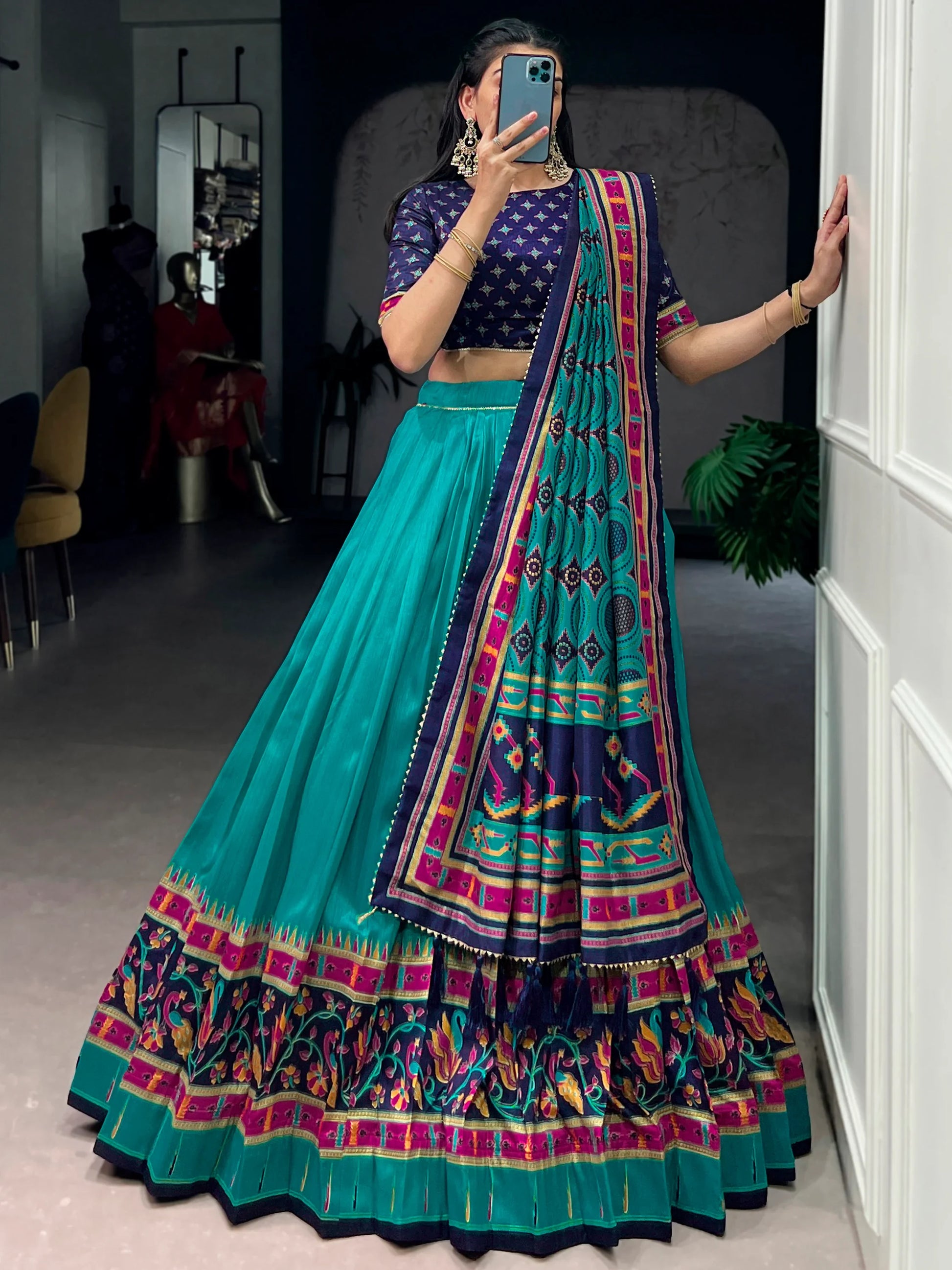 Incredible Teal Green Printed Tussar Silk Traditional Lehenga Choli