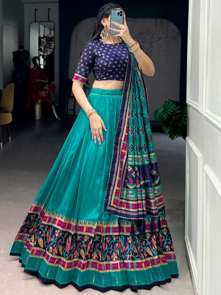 Incredible Teal Green Printed Tussar Silk Traditional Lehenga Choli