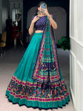 Incredible Teal Green Printed Tussar Silk Traditional Lehenga Choli