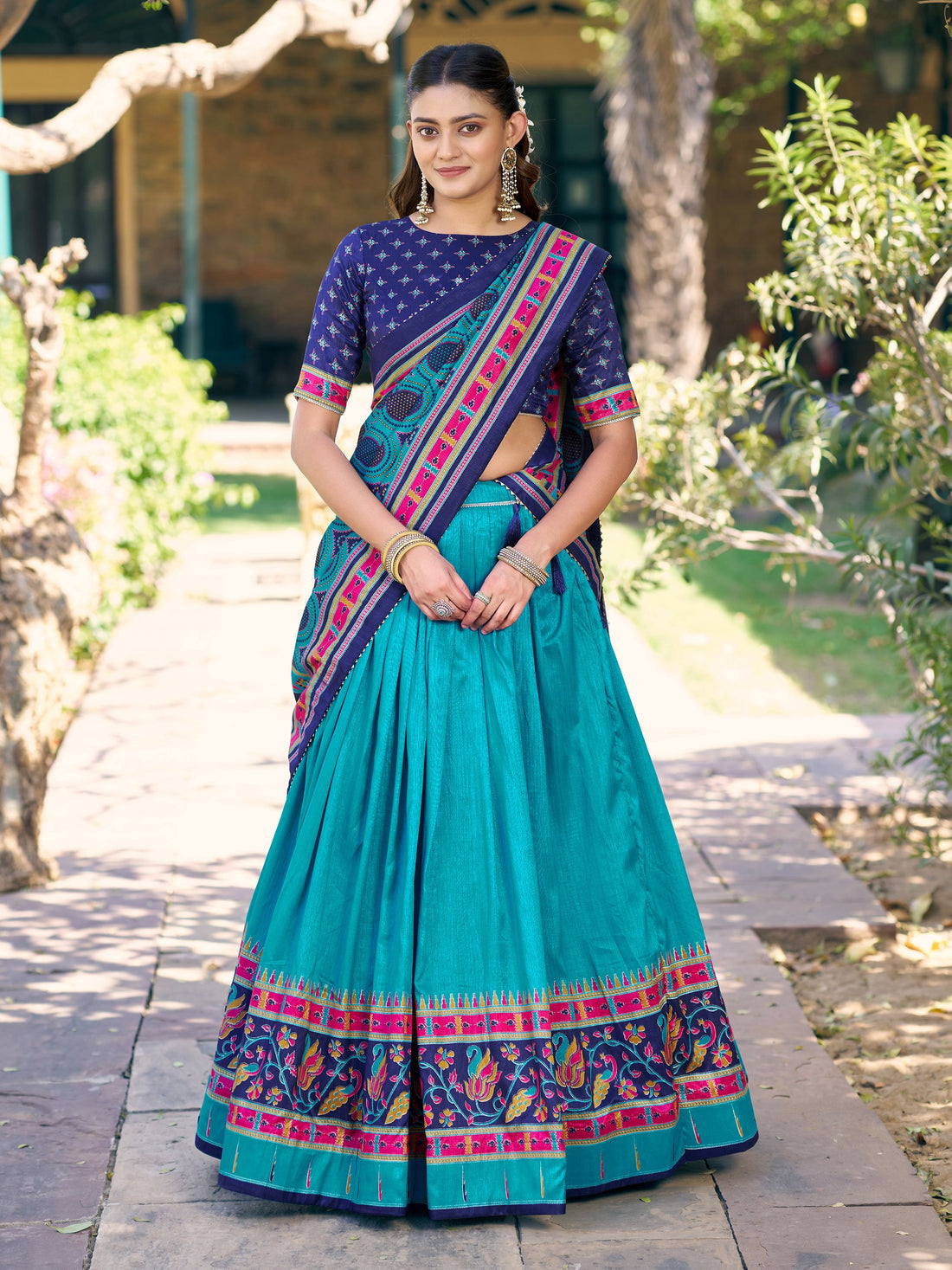 Awesome Teal Blue Digital Printed Silk Event Wear Lehenga Choli